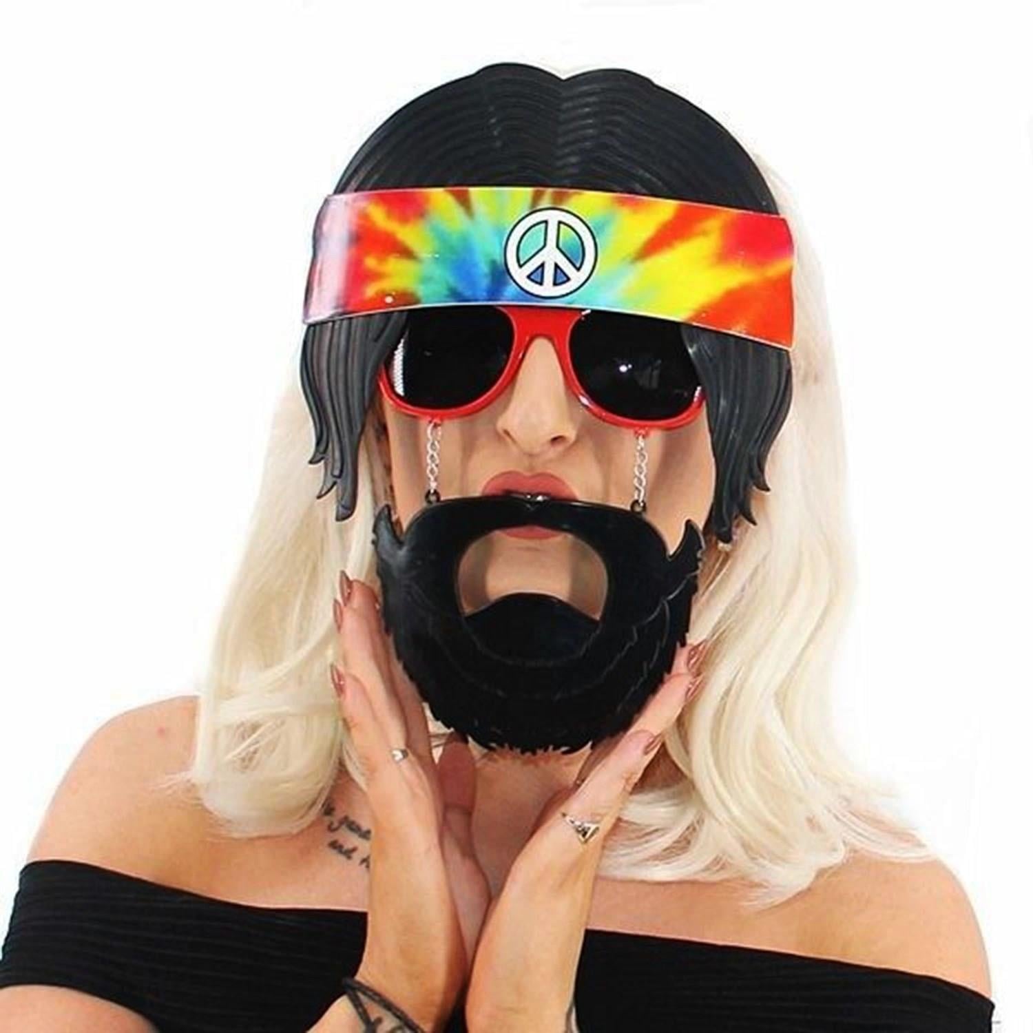 Mey İthalat® Siyah Saçlı Bandana Tasarımlı Hippi Parti Gözlüğü 26x18 cm