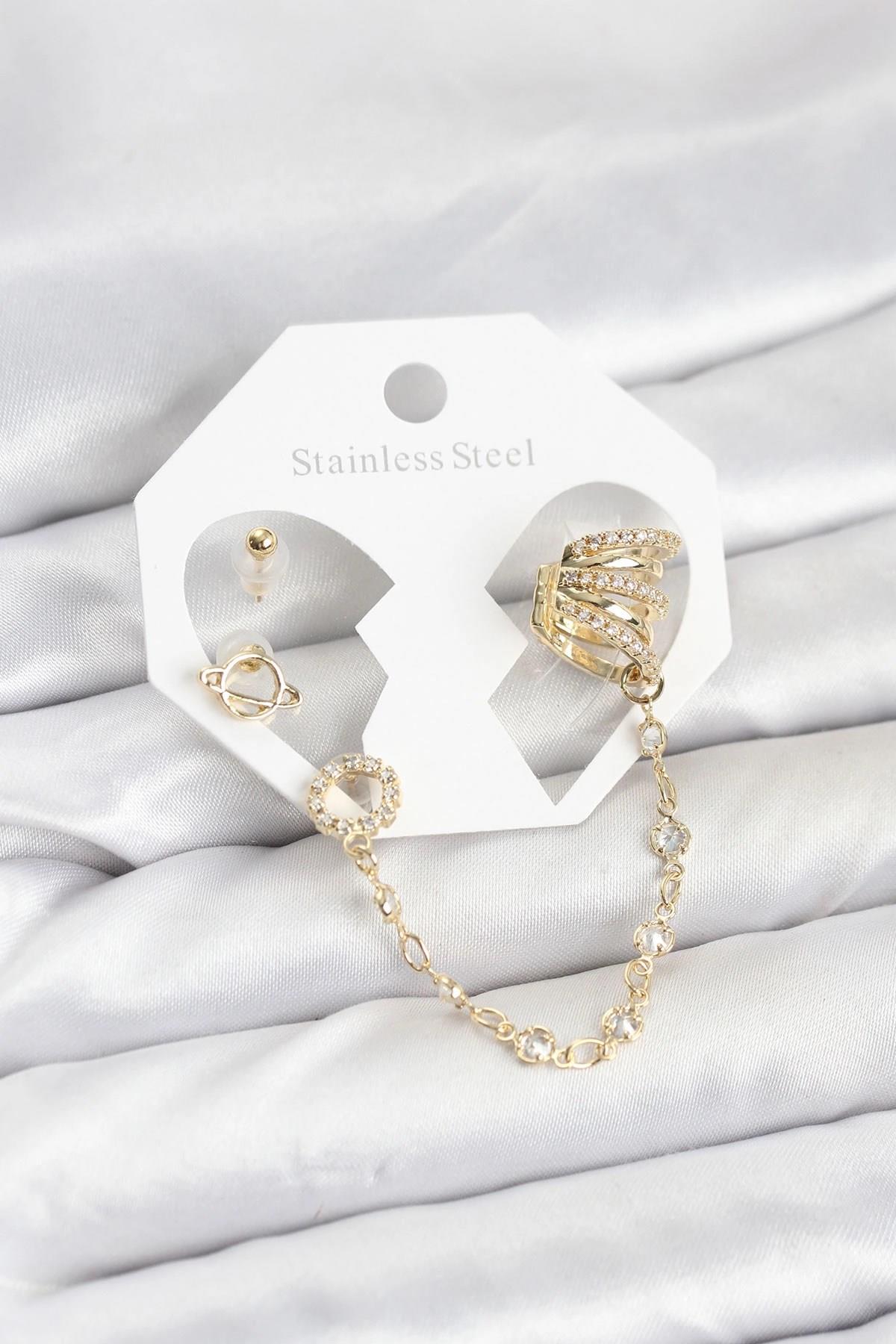 Mey İthalat® Uzay Model Pirinç Gold Renk Zincir Bağlantılı Ear Cuff Küpe Seti