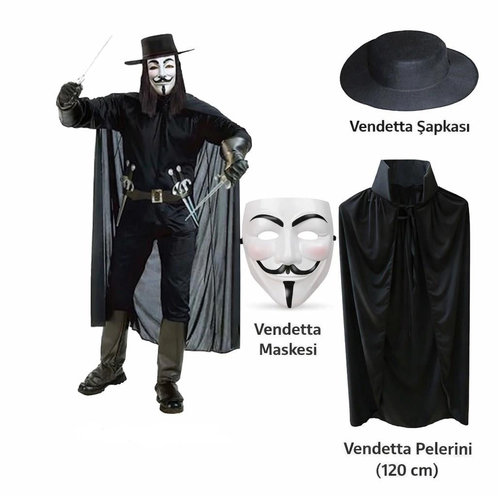 Mey İthalat® Vendetta Kostüm Seti – Şapka Maske Pelerin (120 cm)