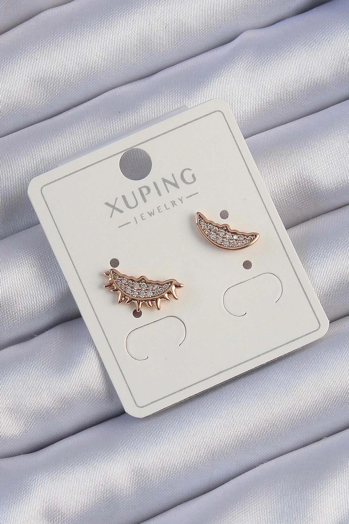 Mey İthalat® Xuping Rose Renk Zirkon Taşlı Ay ve Güneş Tasarımlı Küpe