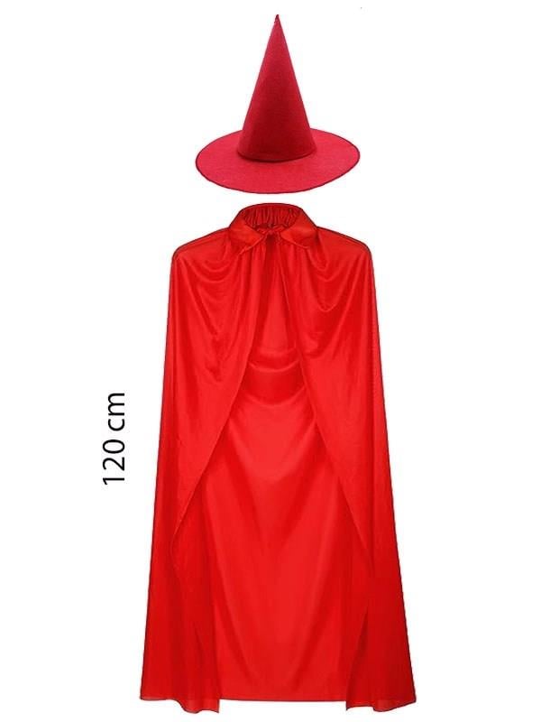 Mey İthalat® Yetişkin Boy 120 cm Kırmızı Yakalı Pelerin ve Kırmızı Cadı Şapkası