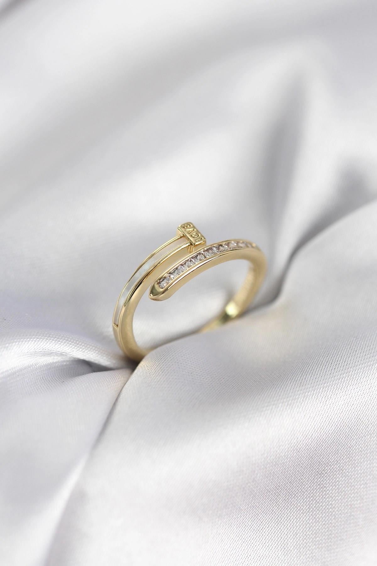 Mey İthalat® Zirkon Taşlı Gold Renk Yassı Çivi Model Kadın Yüzük
