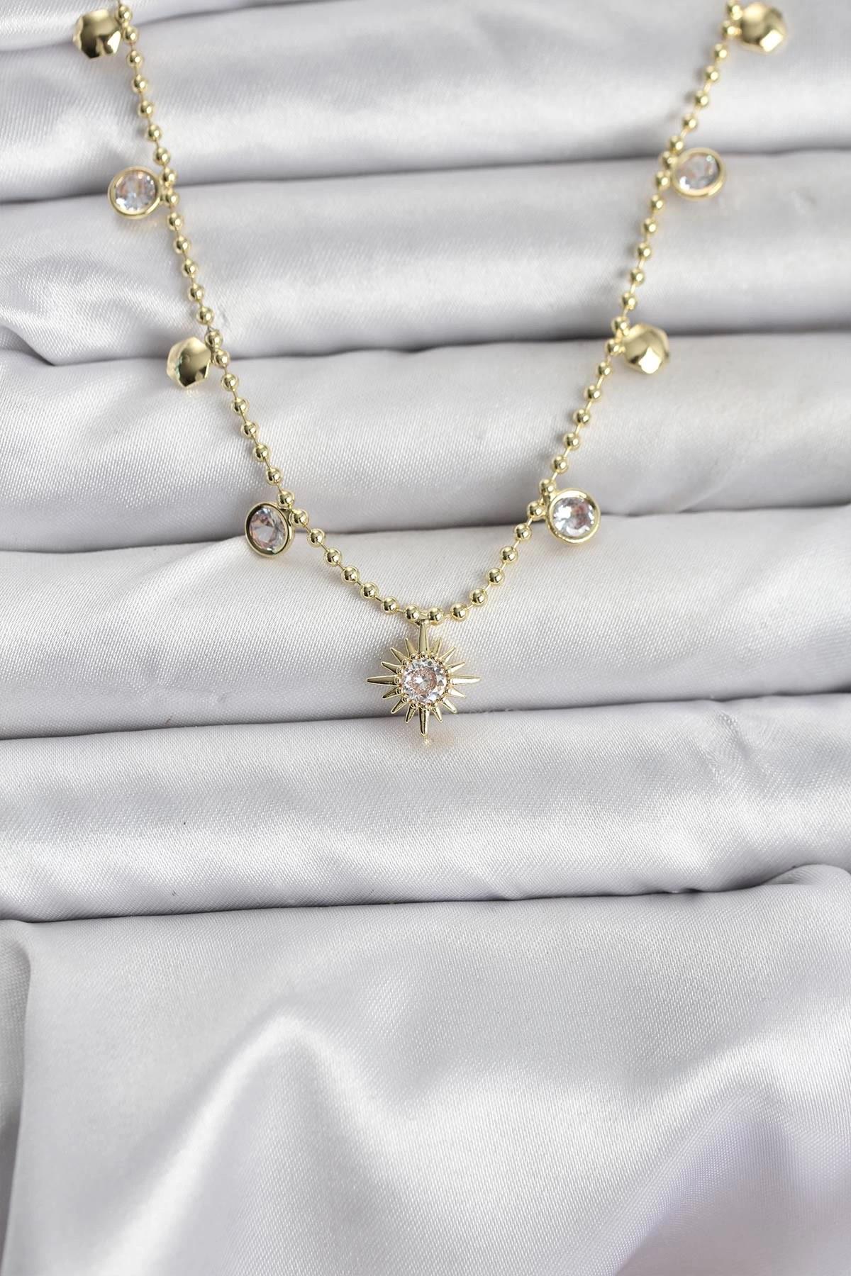 Mey İthalat® Zirkon Taşlı Kutup Yıldızı Model Pirinç Gold Renk Kadın Kolye
