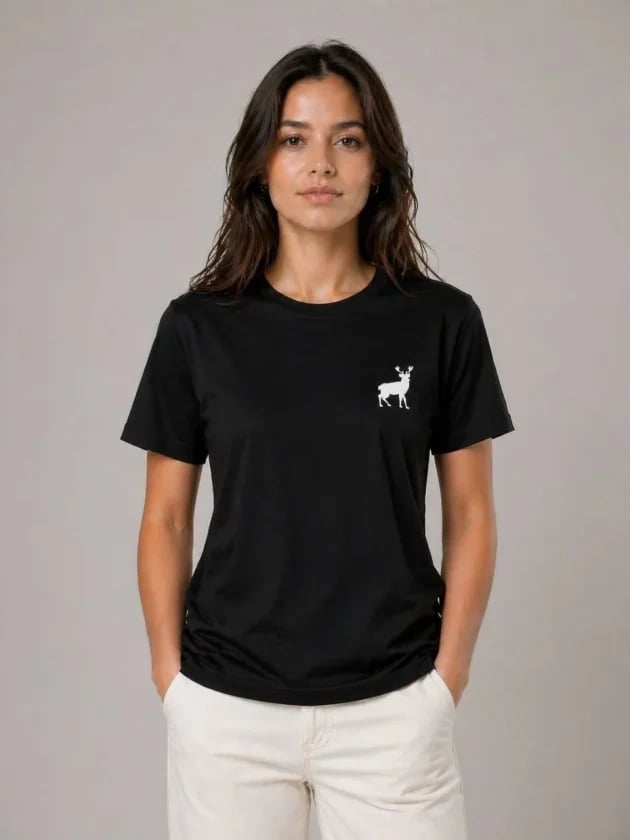 Minimal Geyik Logolu Tişört Bisiklet Yaka Kısa Kol Yazlık T-shirt - Siyah
