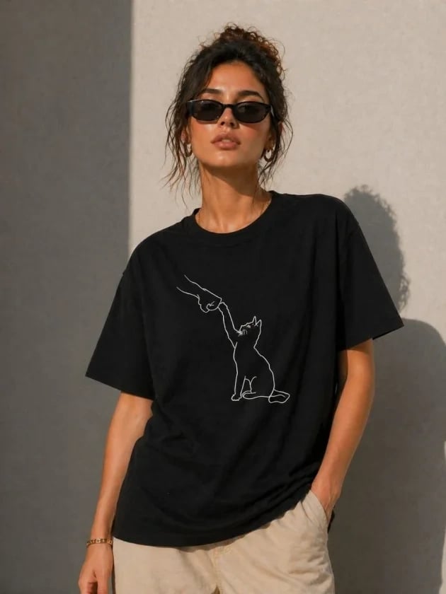 Minimal Kedi Çizim Baskılı Tişört Kısa Kol Yazlık T-shirt - Siyah
