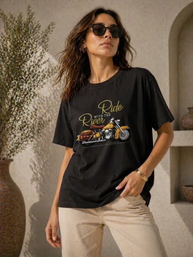 Motosiklet Baskılı Tişört Bisiklet Yaka Kısa Kol Yazlık T-shirt - Siyah