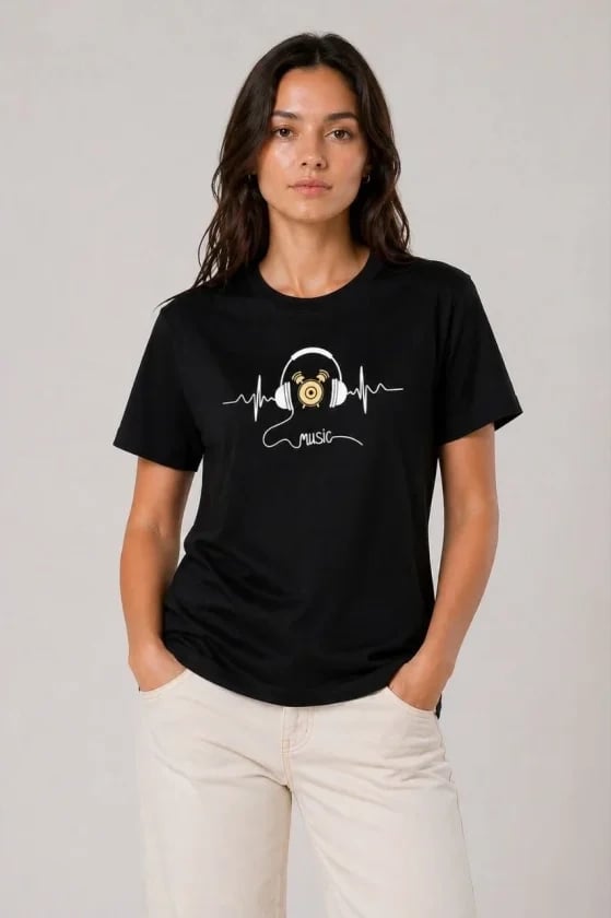 Müzik Temalı Baskılı Tişört Bisiklet Yaka Kısa Kol T-shirt - Siyah