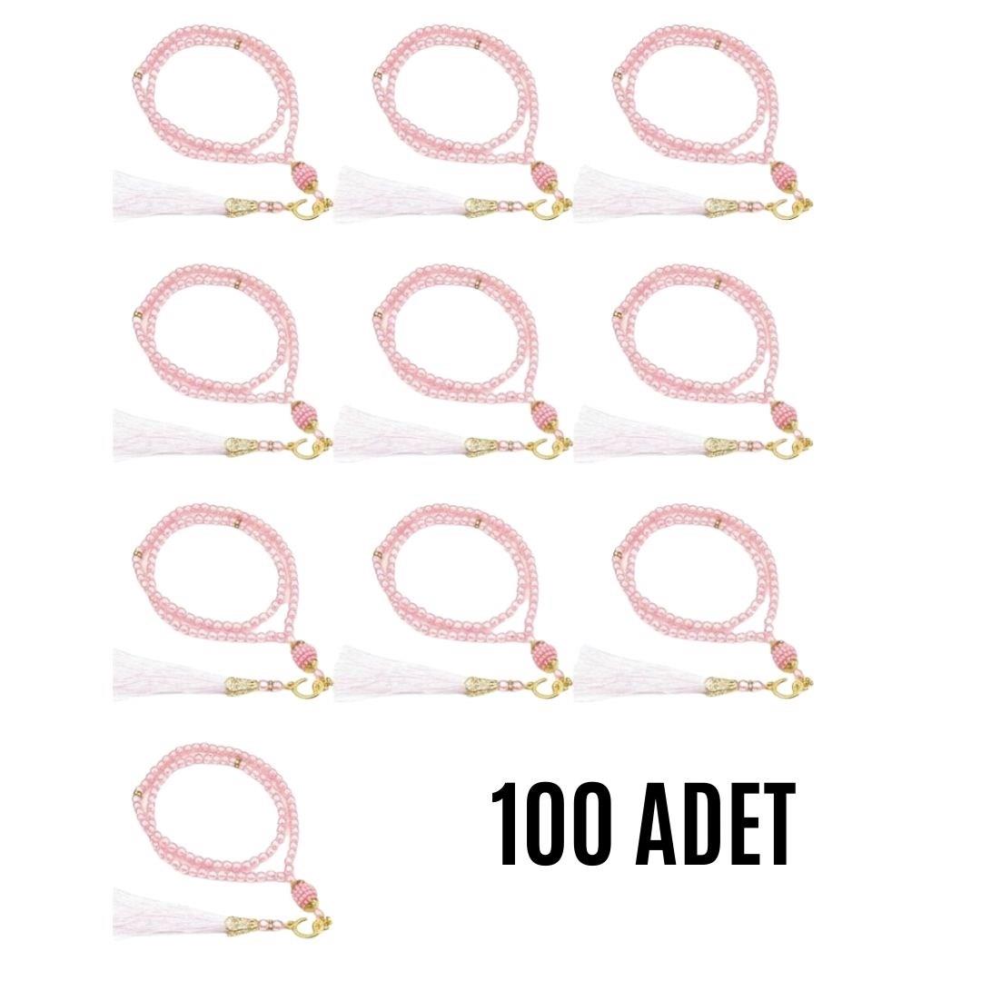 Namaz Tesbihi Vavlı 99'lu Cam İncili İsmi Azam Dua Kartı İle Pembe Renk Hediyelik 100 Adet