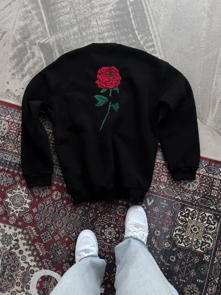Oversize Üç İplik Bisiklet Yaka Baskılı Sweatshirt - Siyah