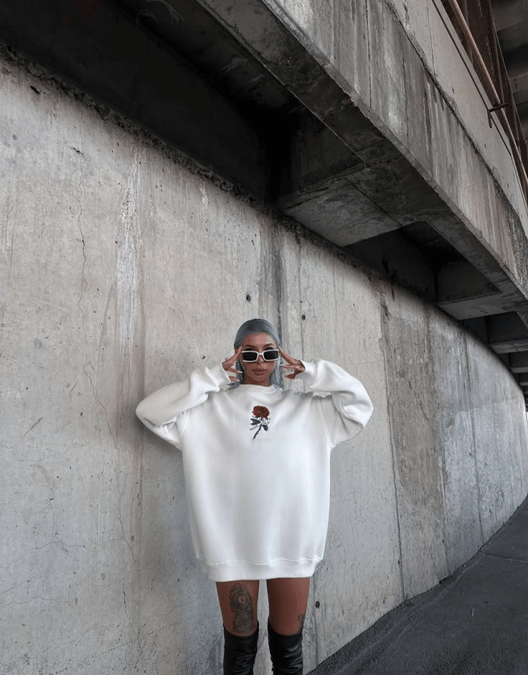 Oversize Üç İplik Bisiklet Yaka Baskılı Sweatshirt - Beyaz