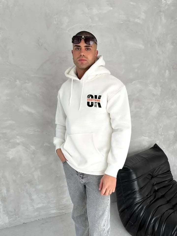 Oversize Üç İplik Kapüşonlu Sweatshirt - Beyaz