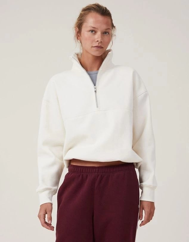 Oversize Yarım Farmuarlı Yakalı Basic Sweatshirt - Beyaz
