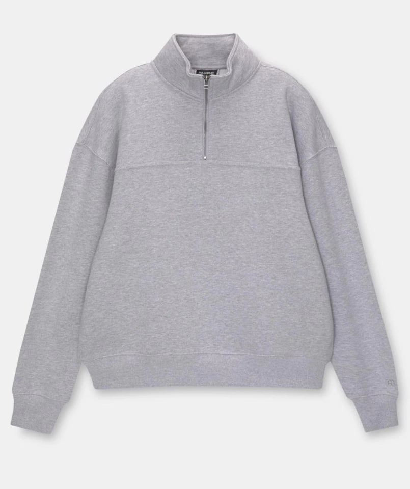 Oversize Yarım Farmuarlı Yakalı Basic Sweatshirt - Gri