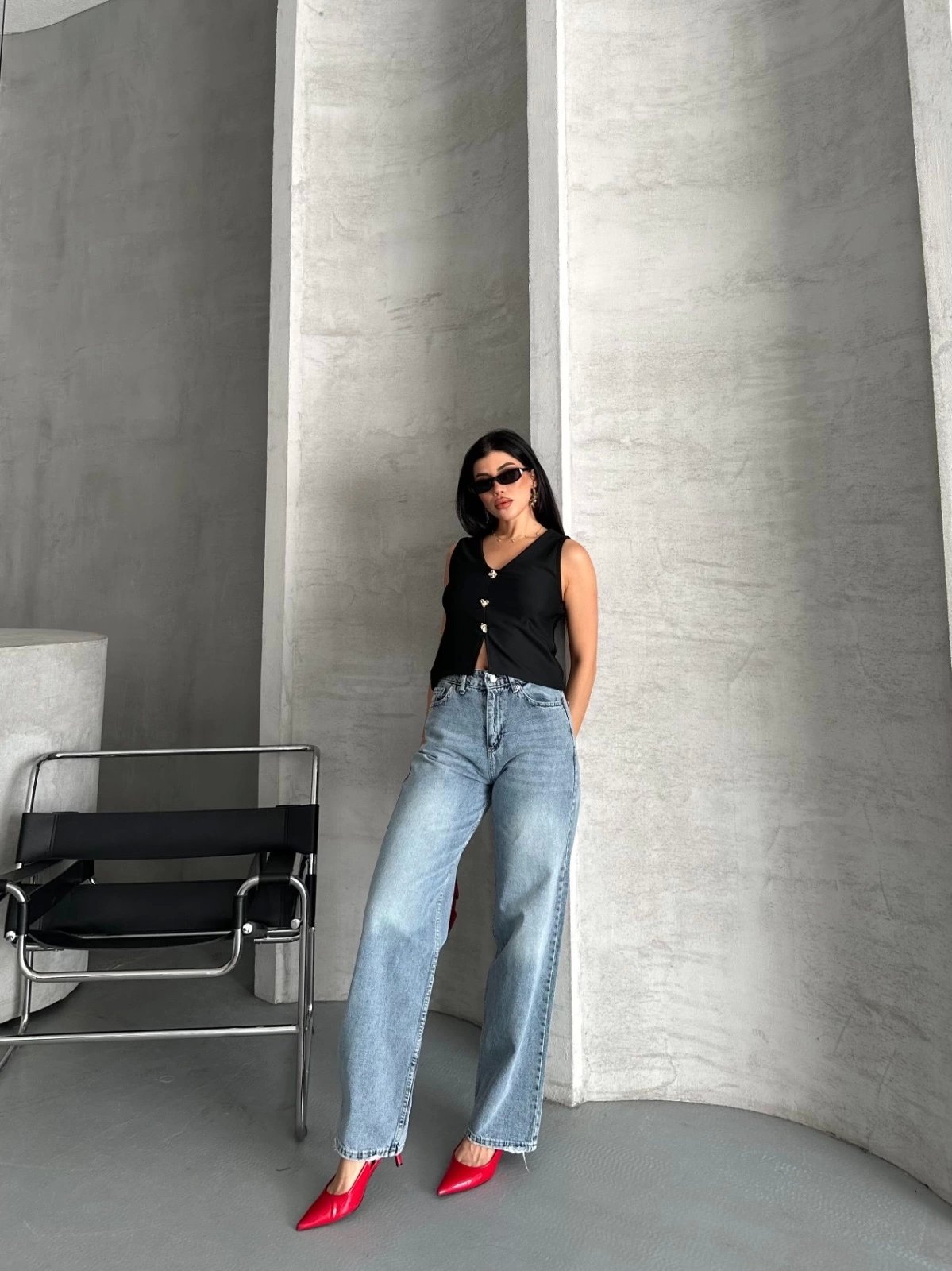 Palazzo Straight Kar Yıkama Jeans Pantolon Mavi D2008