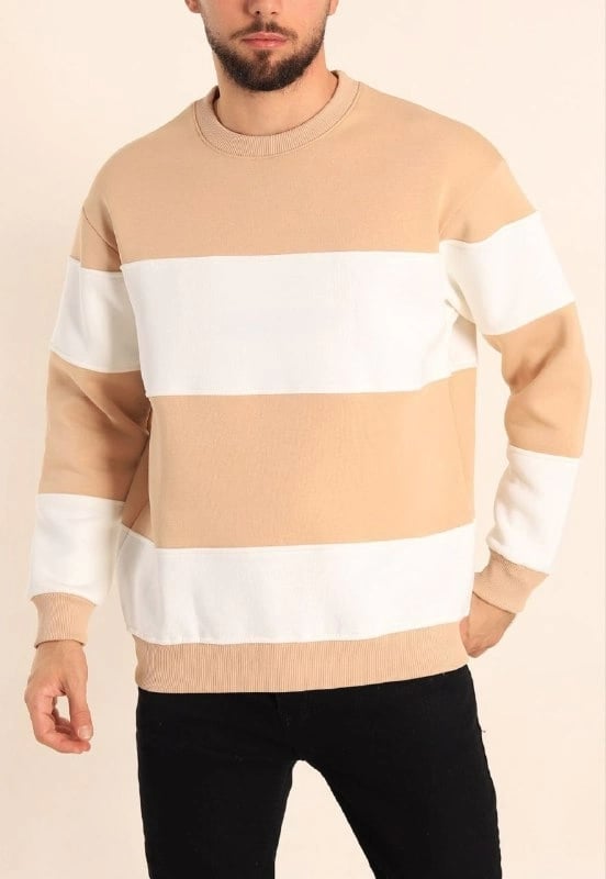 Parçalı Bisiklet Yaka Baskılı Sweatshirt - Bej