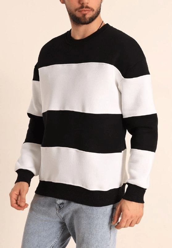 Parçalı Bisiklet Yaka Baskılı Sweatshirt - Siyah
