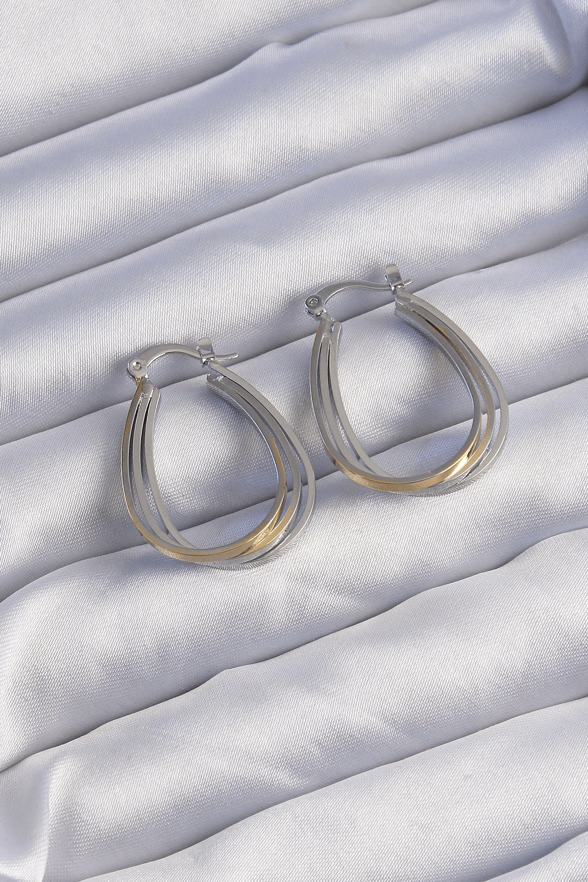 Pirinç Gold Gümüş Renkli Oval Çoklu Görünümlü Küpe