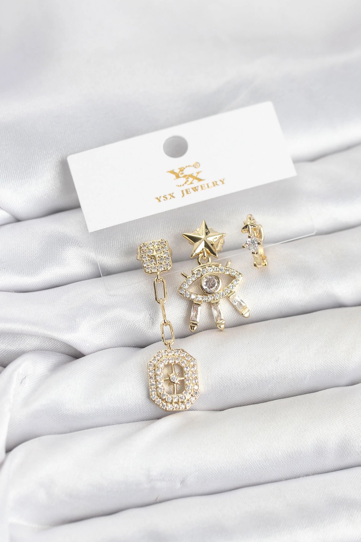 Pirinç Gold Renk Göz Ve Kutup Yıldızı Model Ysx Trio Küpe Seti