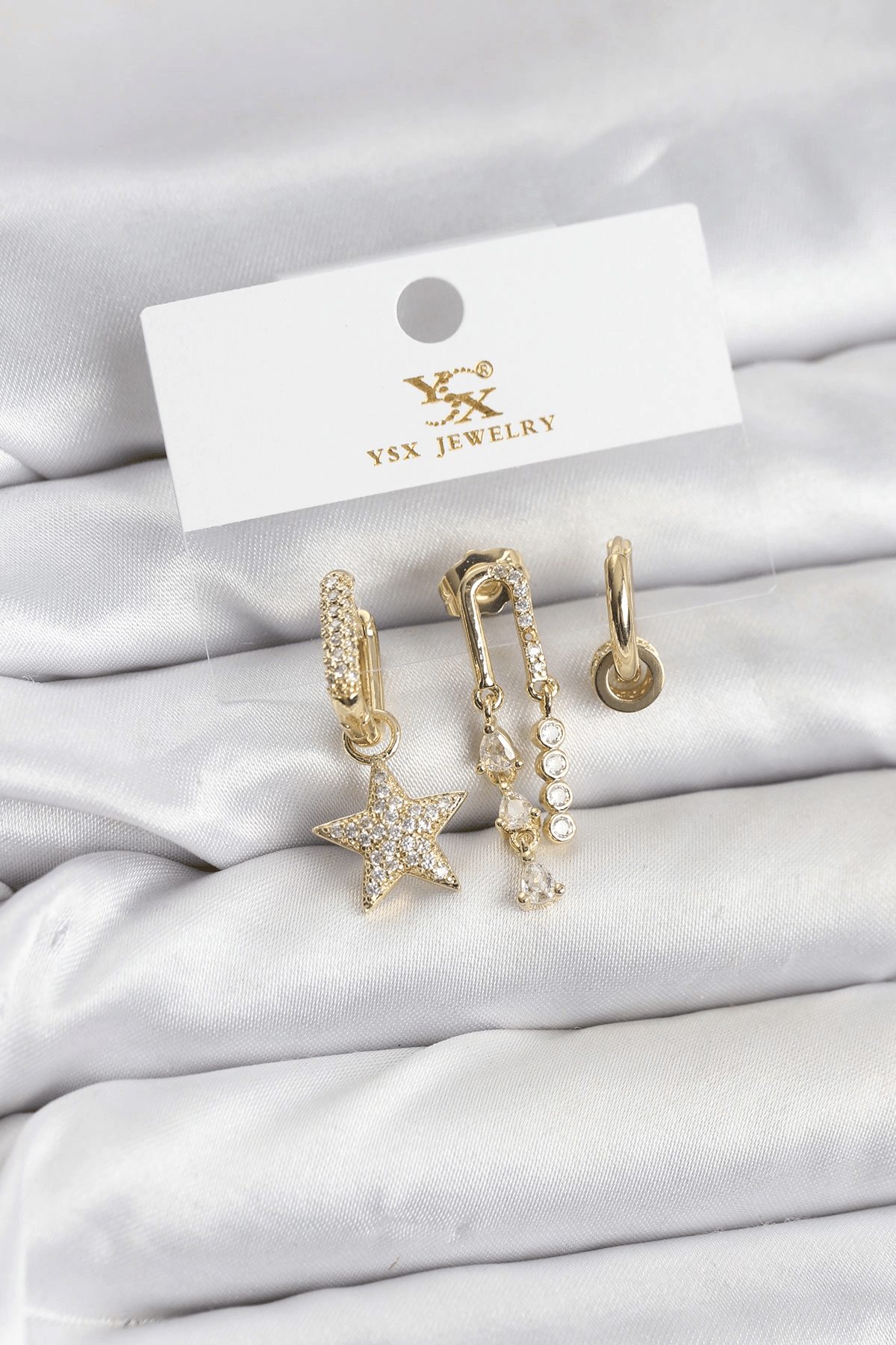Pirinç Gold Renk Zirkon Taşlı Yıldız Vintage Model Ysx Trio Küpe Seti