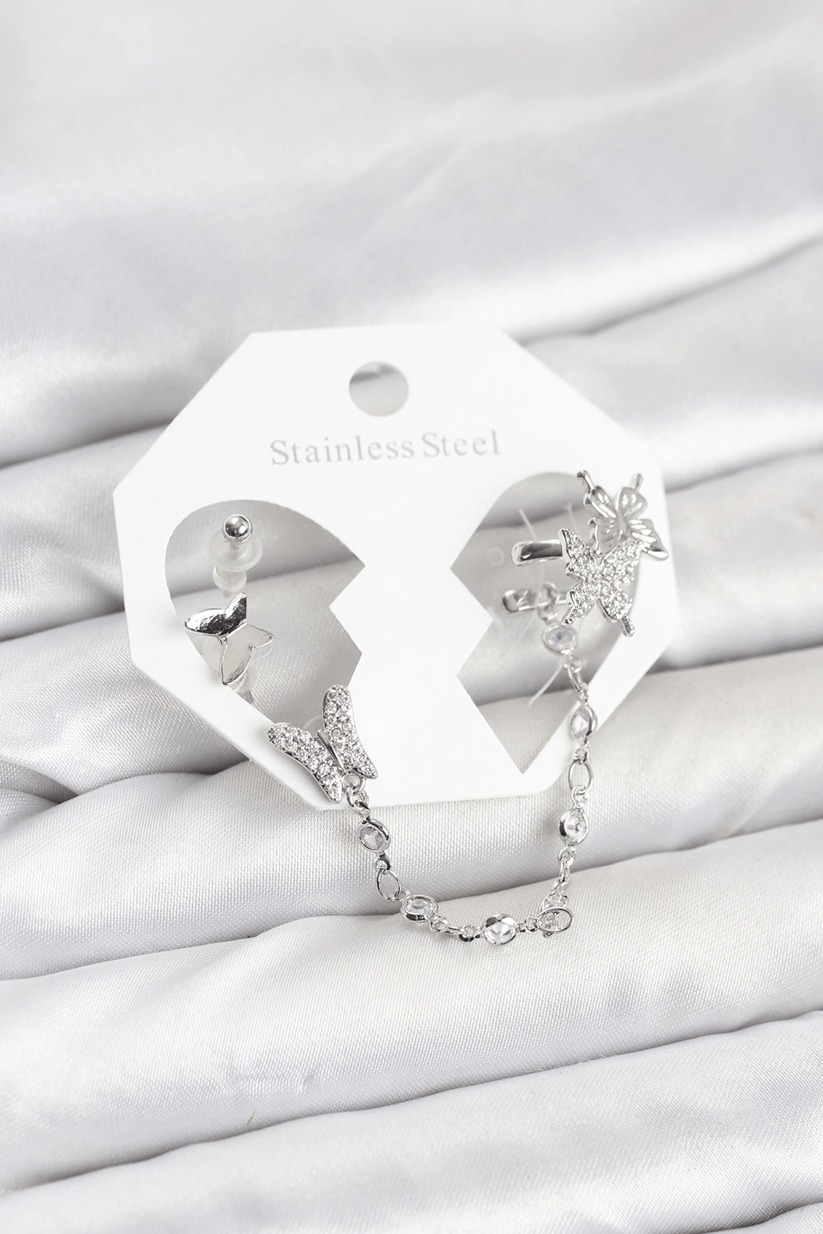 Pirinç Gümüş Renk Kelebek Model Zincir Bağlantılı Ear Cuff Küpe Seti