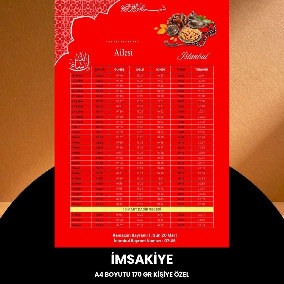 Ramazan İmsakiyesi - 170 Gr - A4 Boyut Kişiye Özel İsimli & Logolu 100 Adet Kırmızı