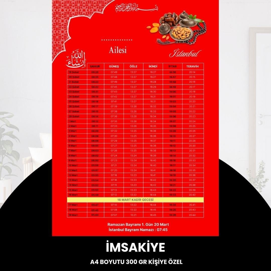Ramazan İmsakiyesi - 300 Gr - A4 Boyut Kişiye Özel İsimli & Logolu 10 Adet Kırmızı