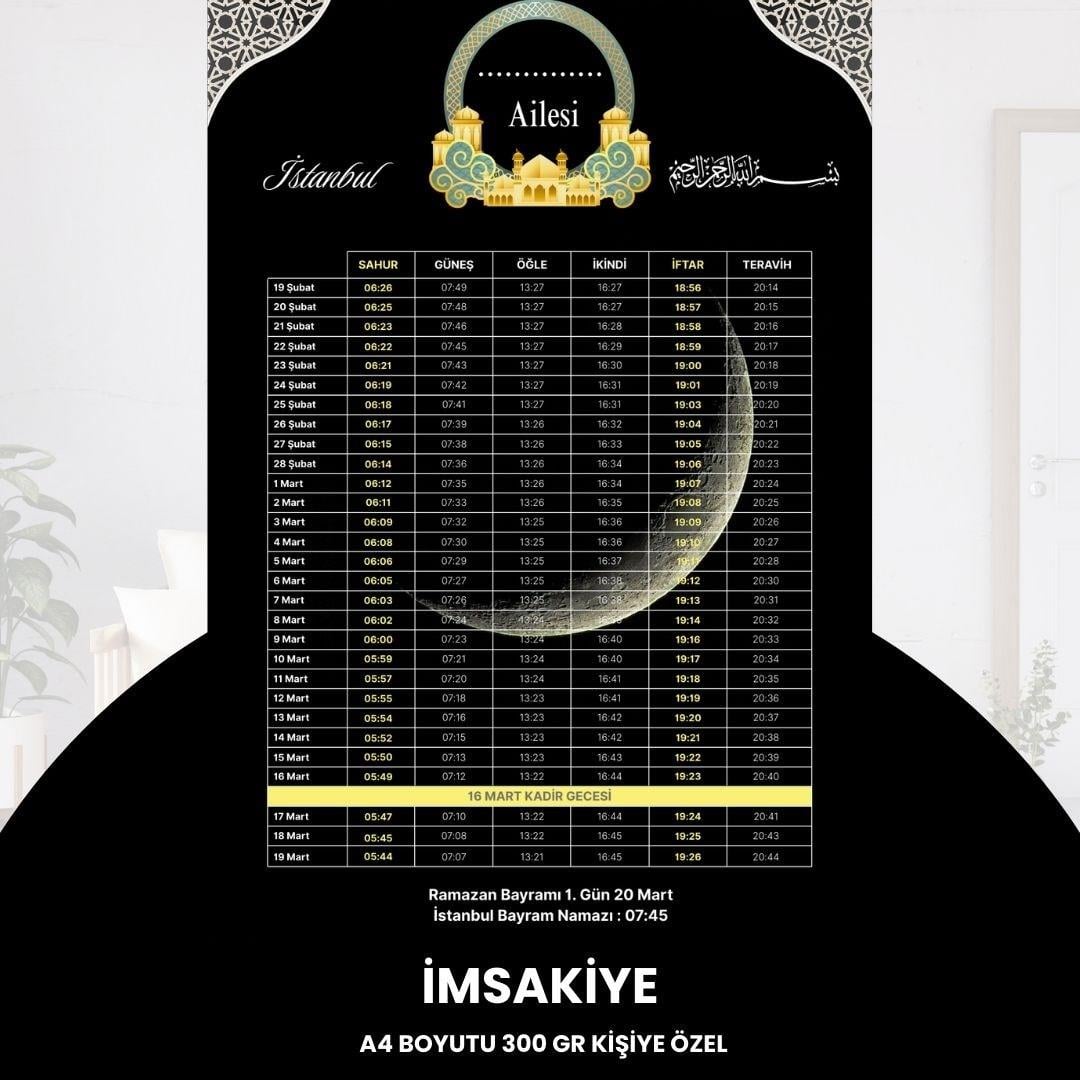 Ramazan İmsakiyesi - 300 Gr - A4 Boyut Kişiye Özel İsimli & Logolu 1 Adet Siyah-sarı
