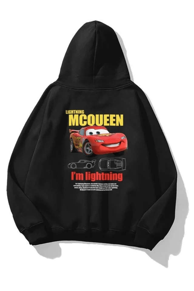 Sevgililer Günü Özel Kapüşonlu Araba Baskılı Oversize Sweatshirt - Siyah