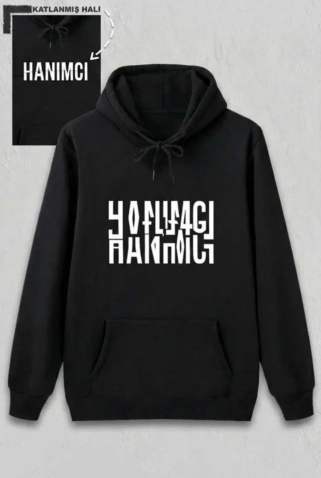 Sevgililer Günü Özel Kapüşonlu Hanımcı Baskılı Oversize Sweatshirt - Siyah