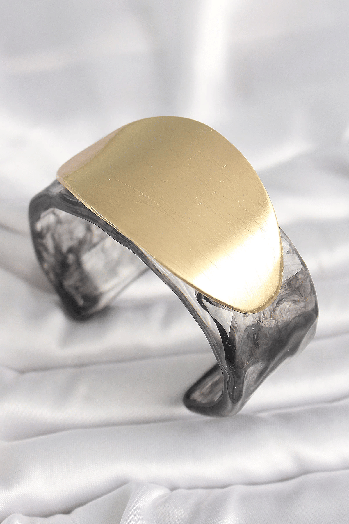 Siyah Mermer Desen Akrilik Plastik Gold Oval Plaka Model Vintage Kadın Bilezik