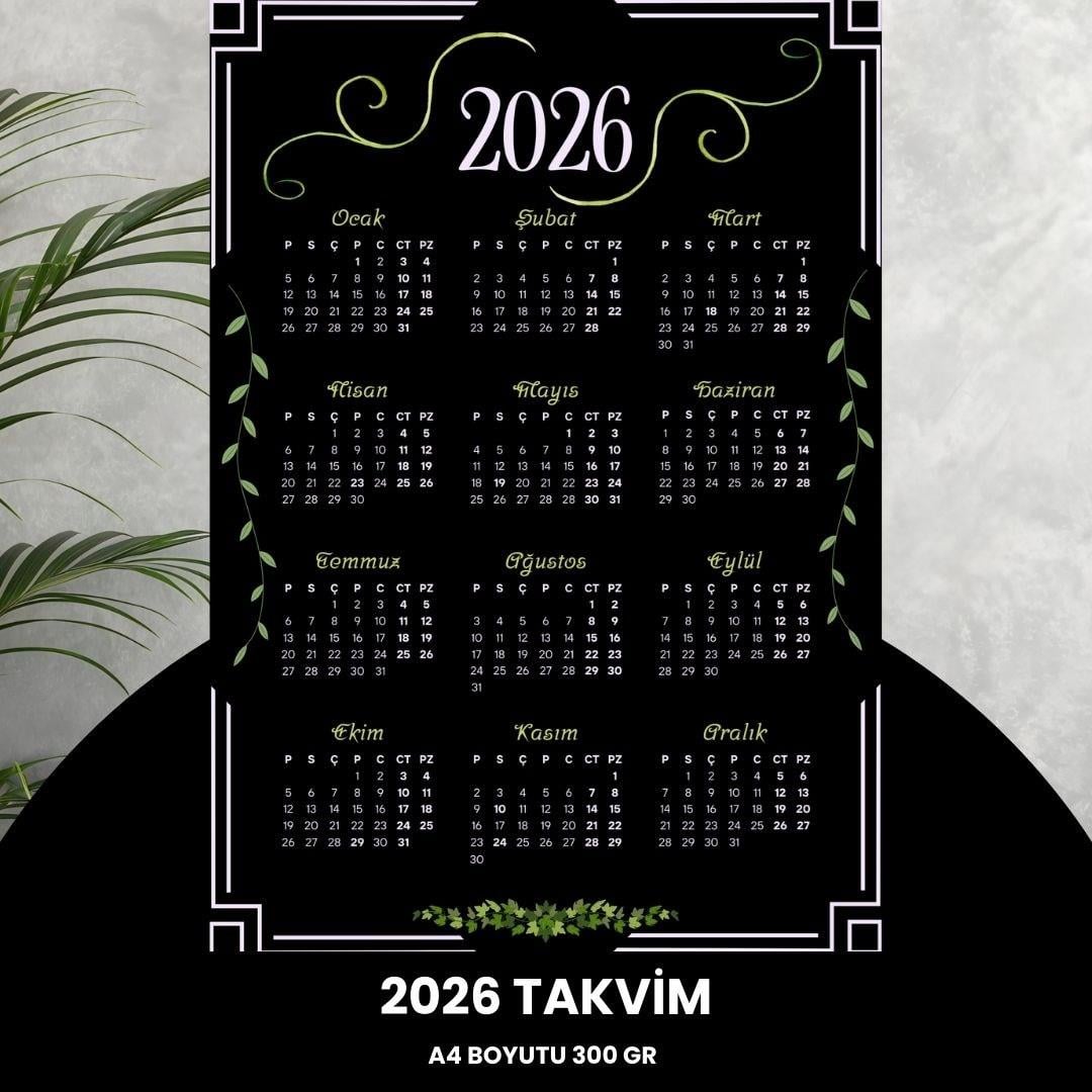 Takvim 2026 Premium A4 300 Gr Dijital Baskı Siyah Yeşil