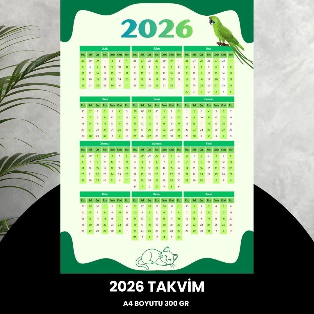 Takvim 2026 Premium A4 300 Gr Dijital Baskı Yeşil-beyaz