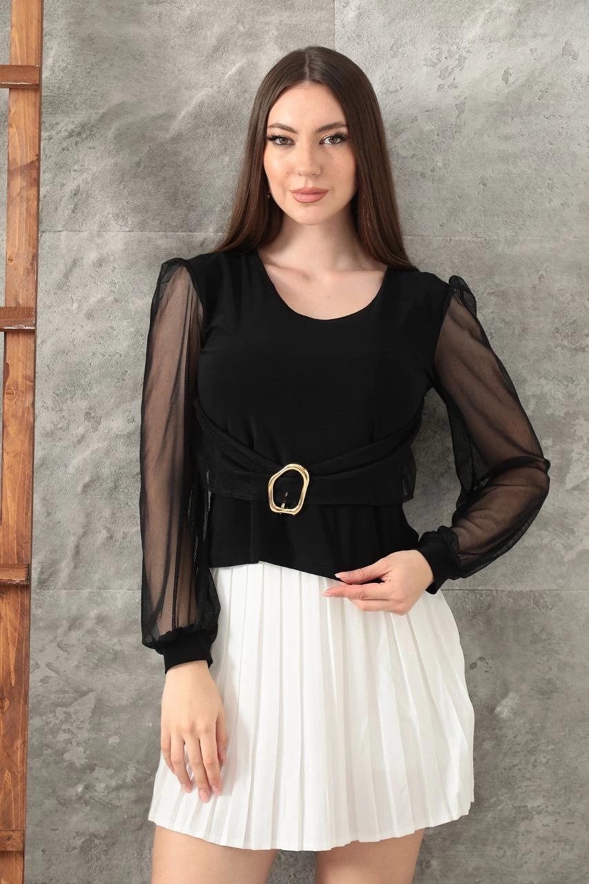 Tokalı Tül Kollu Bluz Siyah T4071