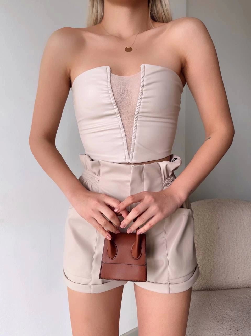 Tüllü Deri Crop Bej W24615