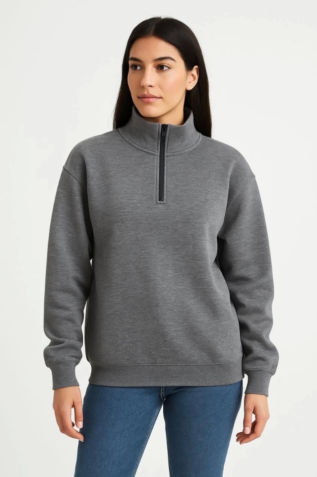 Üç İplik Dık Yaka Yarım Fermuarlı Sweatshirt - Antrasit