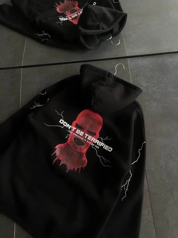 Üç İplik Kapşonlu Baskılı Oversize Sweatshirt- Siyah