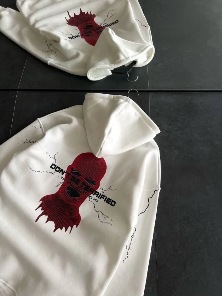 Üç İplik Kapşonlu Baskılı Oversize Sweatshirt- Beyaz