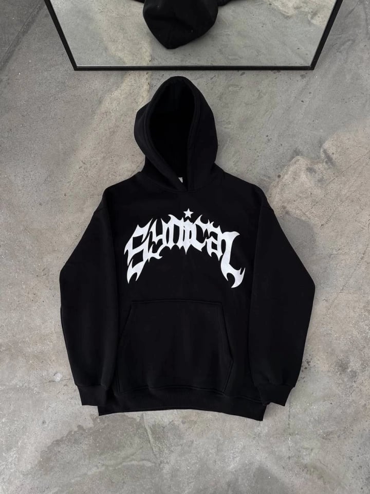 Üç İplik Kapşonlu Baskılı Oversize Sweatshirt- Siyah