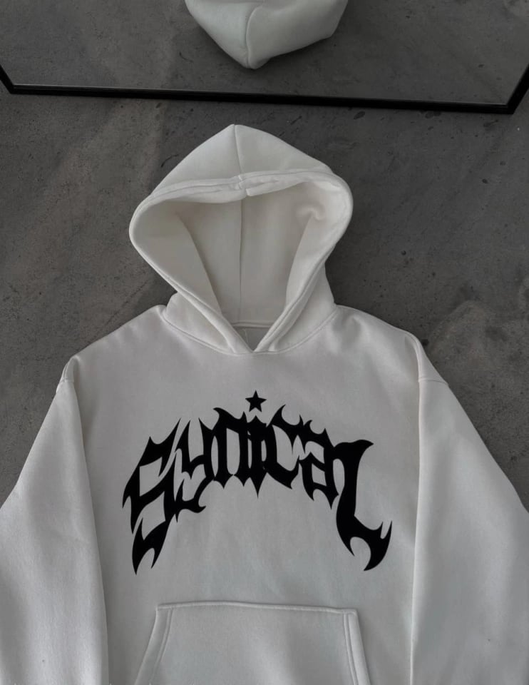 Üç İplik Kapşonlu Baskılı Oversize Sweatshirt-  Beyaz
