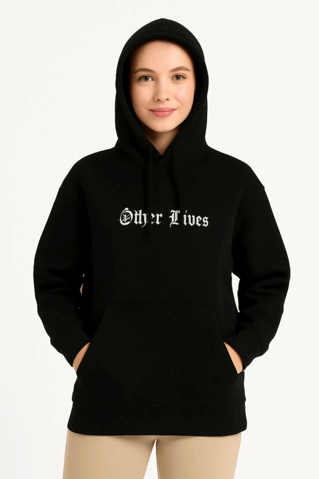 Üç İplik Kapşonlu Ön Ve Arka Baskılı Sweatshirt Hoodie- Siyah