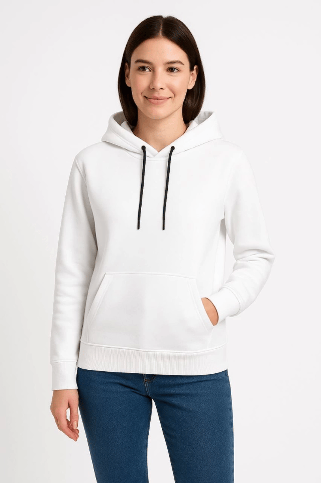 Üç İplik Kapüşonlu Kanguru Çepli Sweatshirt Hoodie - Beyaz