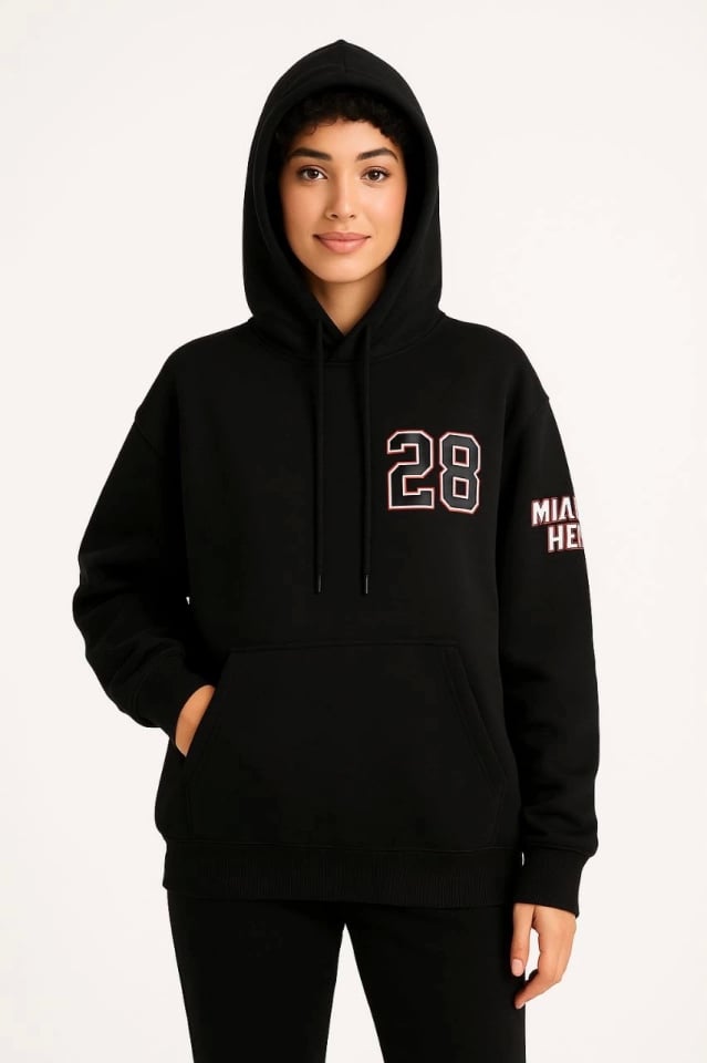 Üç İplik Kapüşonlu Ön Ve Arka Baskılı Sweatshirt Hoodie - Siyah