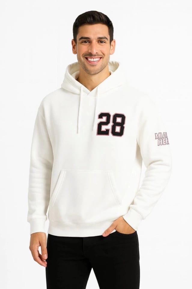 Üç İplik Kapüşonlu Ön Ve Arka Baskılı Sweatshirt Hoodie - Beyaz
