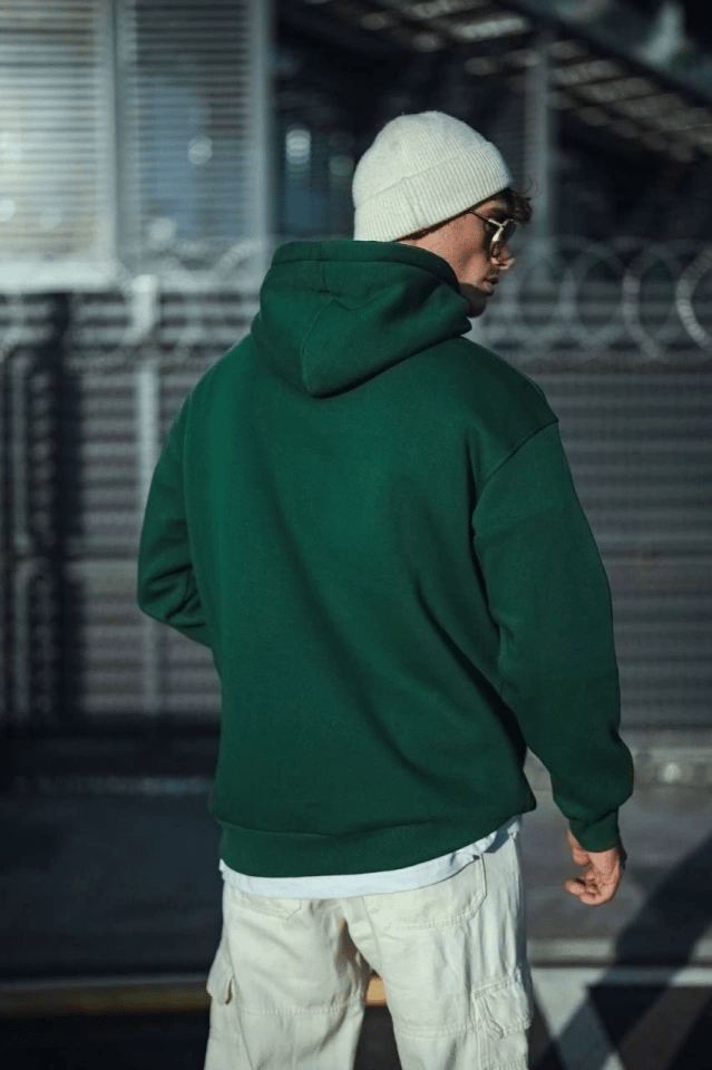 Üç İplik Penye Kapşonlu Basic Sweatshirt - Haki
