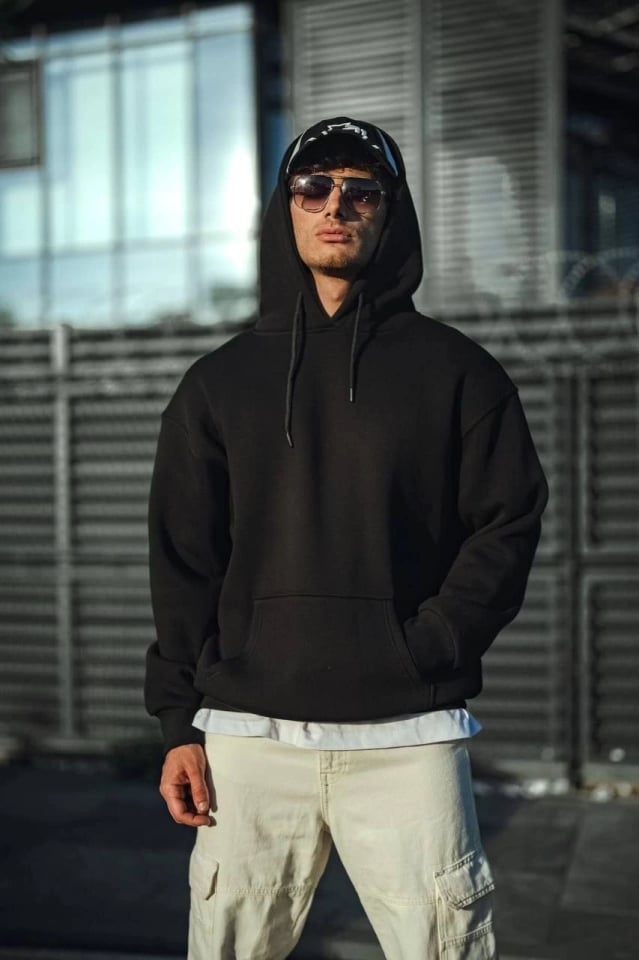 Üç İplik Penye Kapşonlu Basic Sweatshirt - Siyah