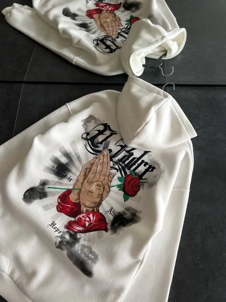 Üç İplik Penye Uzun Kol Kapşonlu Baskılı Sweatshirt - Beyaz