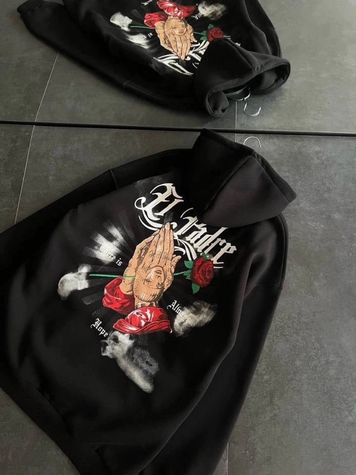 Üç İplik Penye Uzun Kol Kapşonlu Baskılı Sweatshirt - Siyah