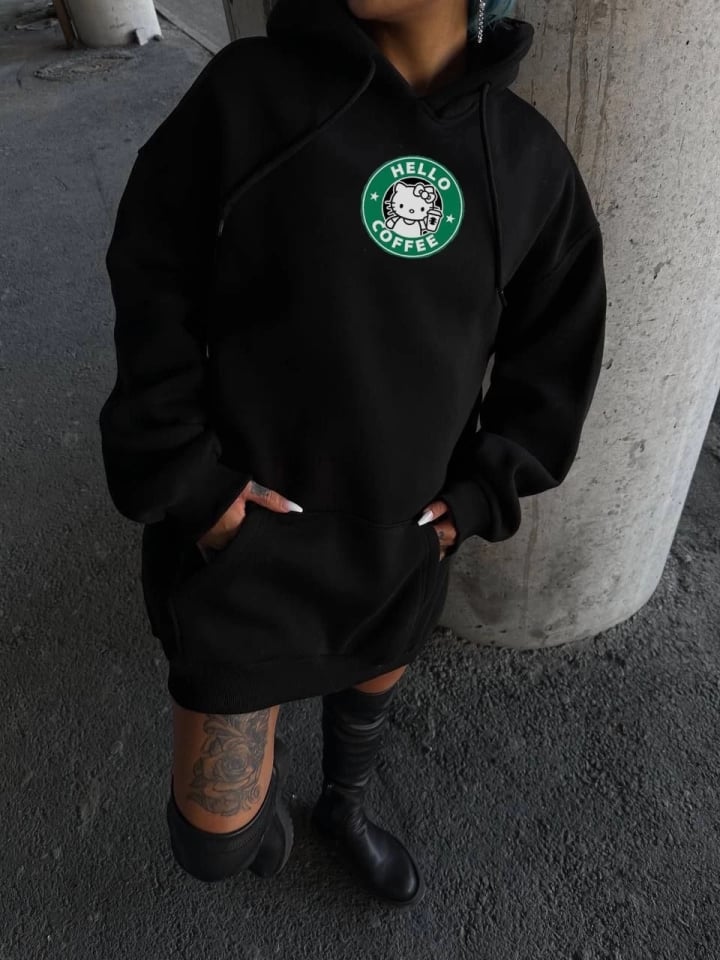 Üç İplik Penye Uzun Kol Kapşonlu Sweatshirt - Siyah