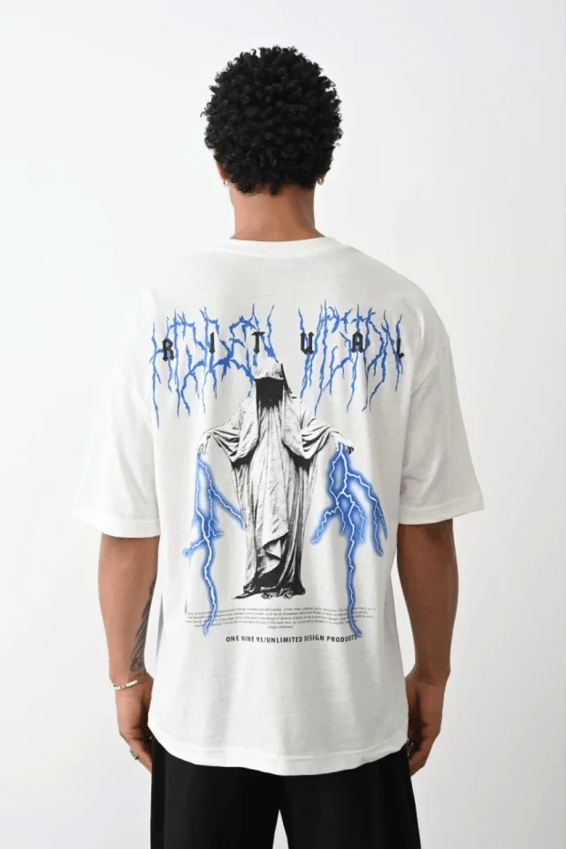 Unisex Baskılı Oversize T-shirt - Beyaz
