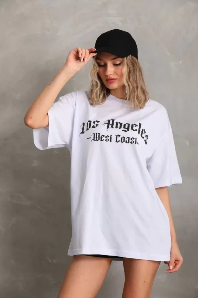 Unisex Baskılı Oversize T-shirt - Beyaz